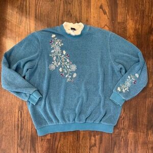 Bon Worth Blue Crewneck with Purple Embroidered Flower Sweater Size XL Vintage